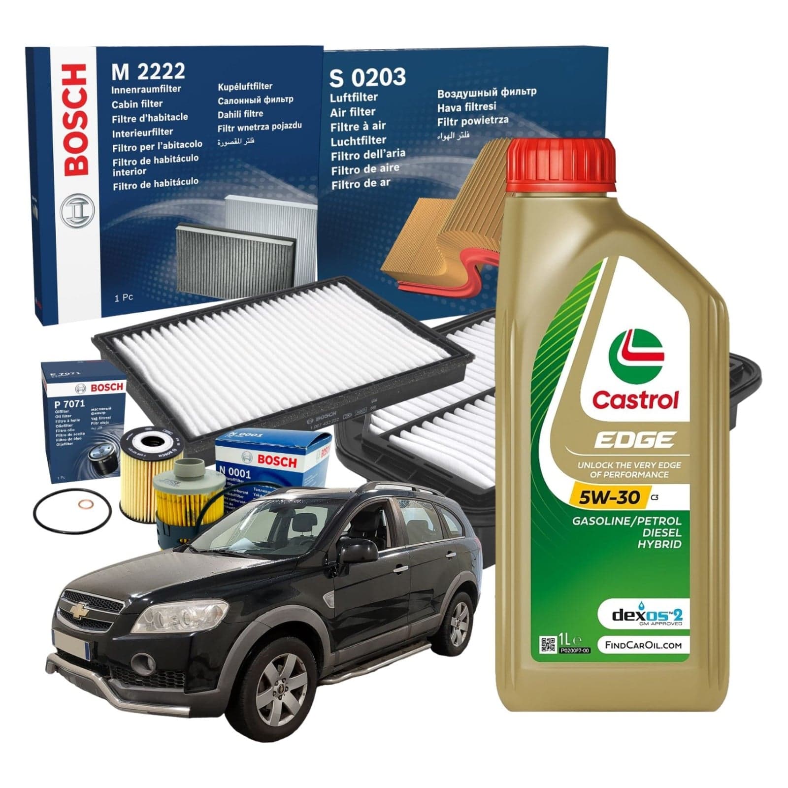 Kit Tagliando Bosch 6 Litri Olio Castrol Edge 5W30 C3 per Chevrolet Captiva