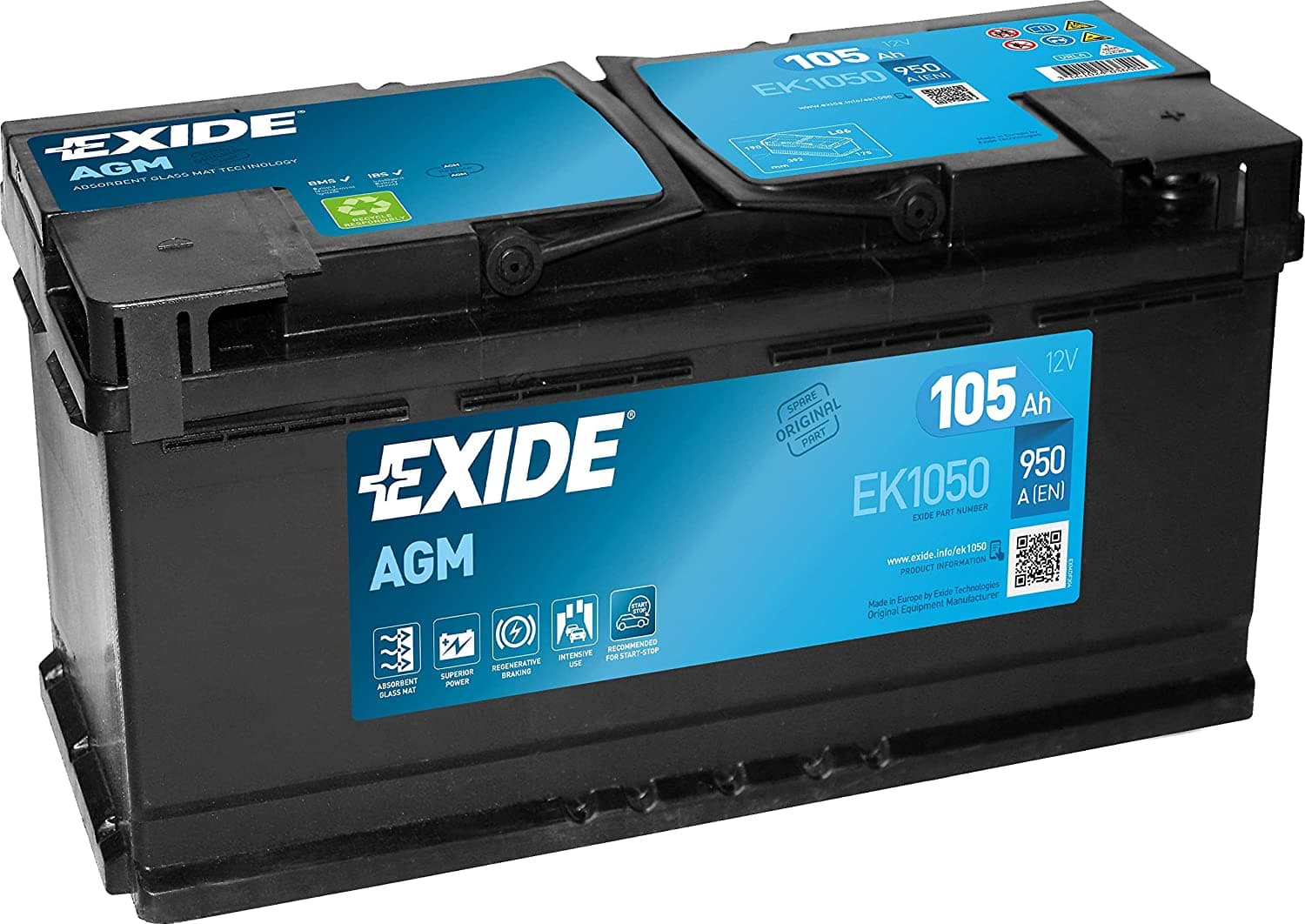 Batteria Exide 105ah Agm 950A Start Stop 12V EK1050