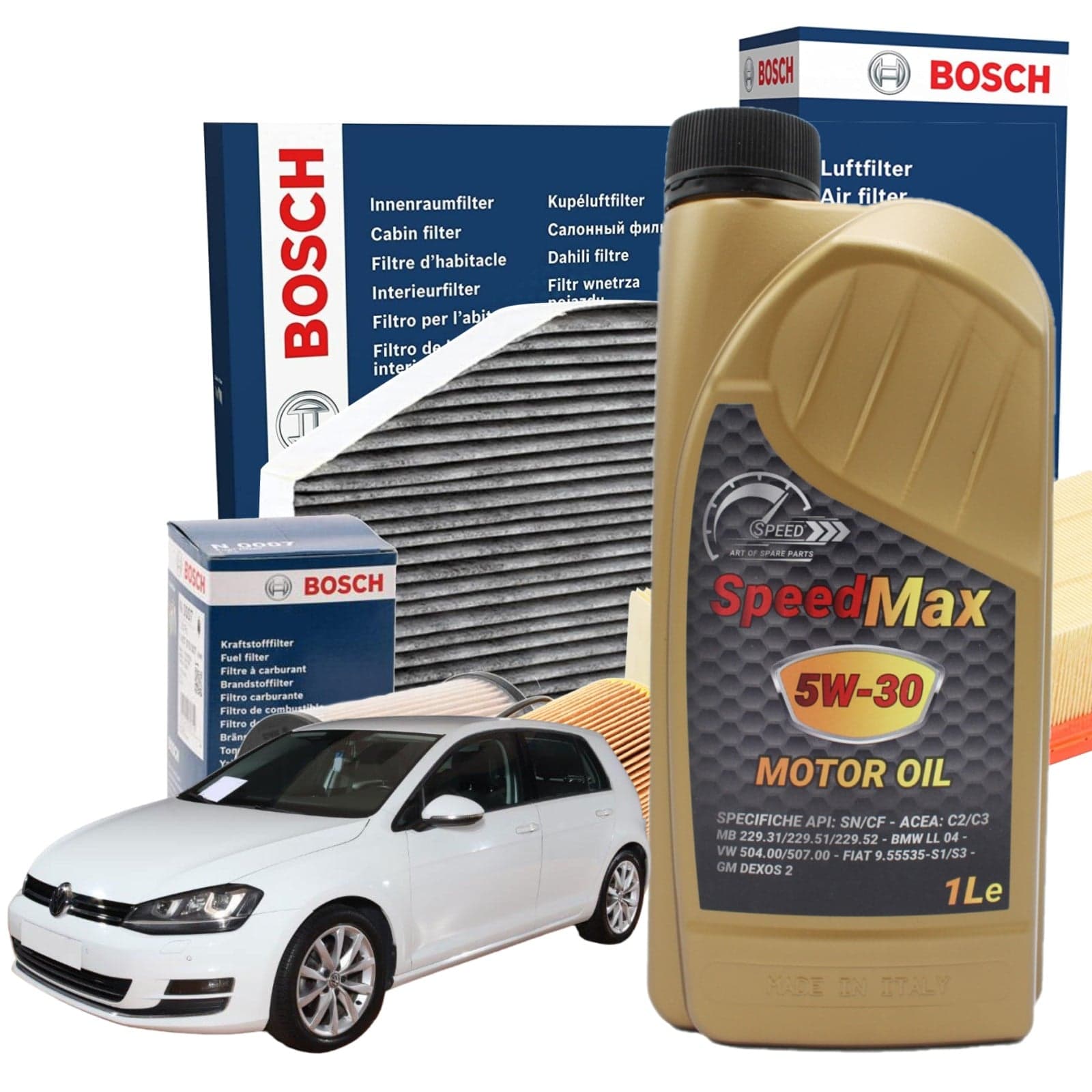Kit Tagliando Bosch 5 litri olio motore Speed Max 5w30 per VW Golf VII