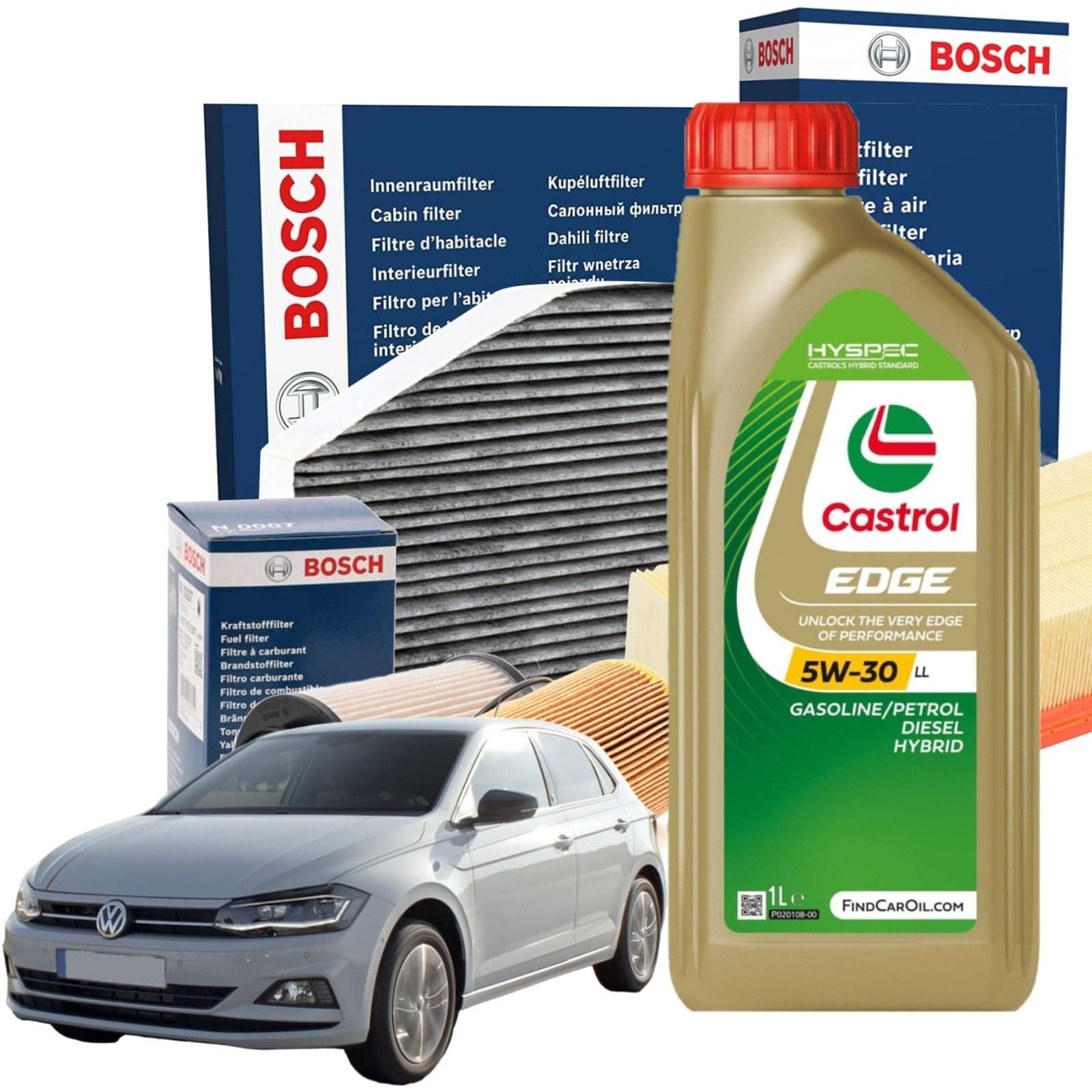 Kit Tagliando Bosch 5 Litri Olio Motore Castrol Edge 5w30 LL per Volkswagen Polo