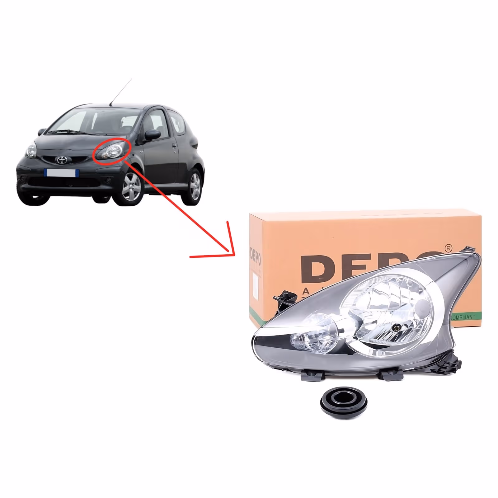 Faro Anteriore Toyota Aygo Depo 23930 H4 Omologato ECE Assale Anteriore Sinistro