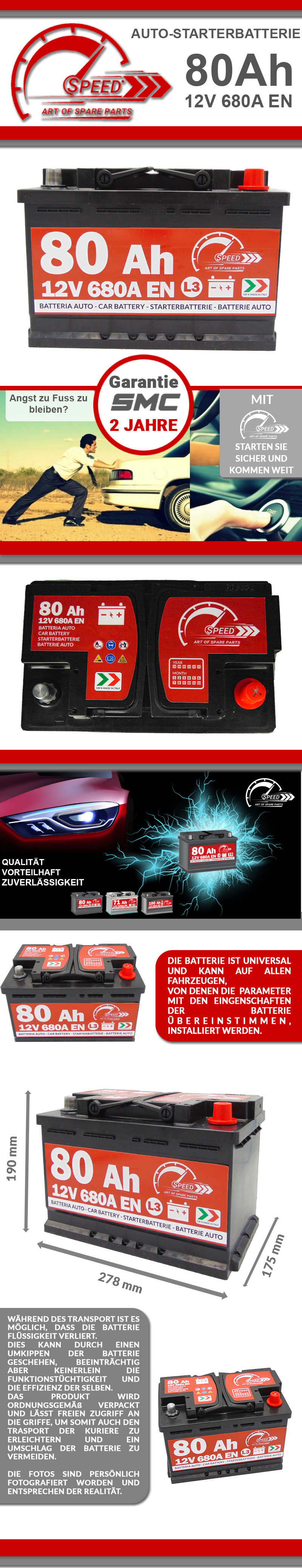 Autobatterie Speed 80Ah 12V 680A EN ersetzt 70Ah 72Ah 74Ah 75Ah