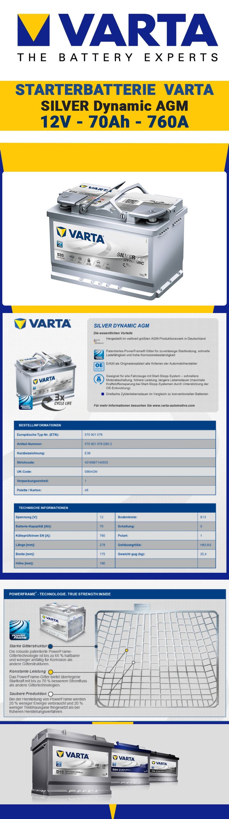 VARTA SILVER DYNAMIC AGM E39 70Ah 12V remplace Start-Stop Plus 60 65 74 75  80Ah EUR 151,50 - PicClick FR