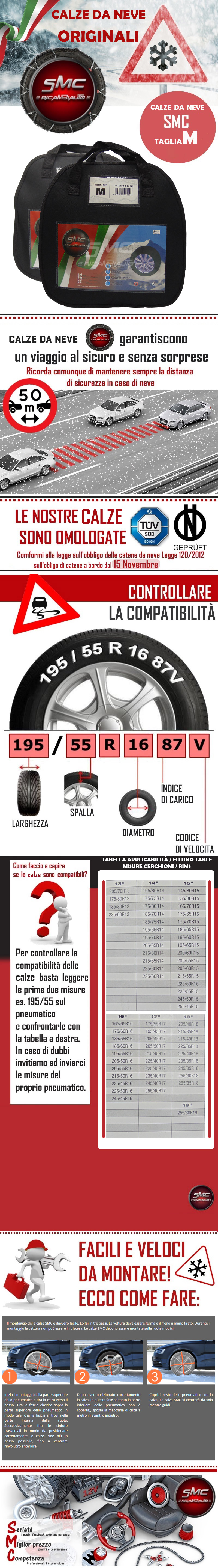 CALZE DA NEVE OMOLOGATE SMC PER PNEUMATICI 195//55 R 16 TAGLIA M