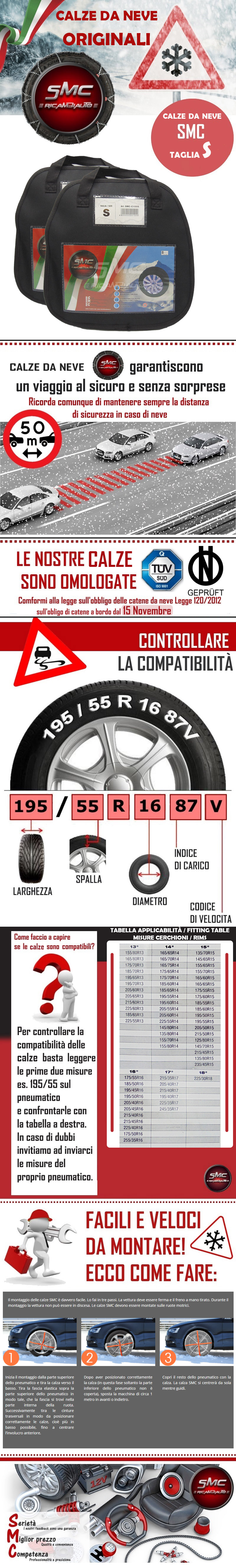 Calze da Neve OMOLOGATE SMC per Pneumatici 205//55 R 16 Taglia M