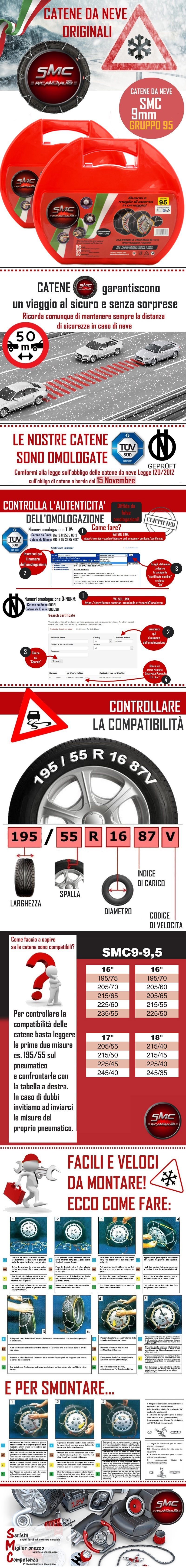 CATENE DA NEVE OMOLOGATE SMC 9mm 225//45 R 17 Ö-Norm 5117 TÜV GR95 CON VALIGETTA