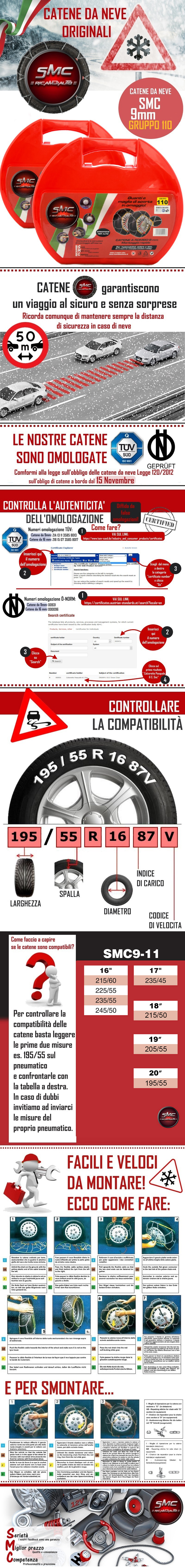 CATENE DA NEVE OMOLOGATE SMC 9mm PER PNEUMATICI 195 60 R 16 GRUPPO 80