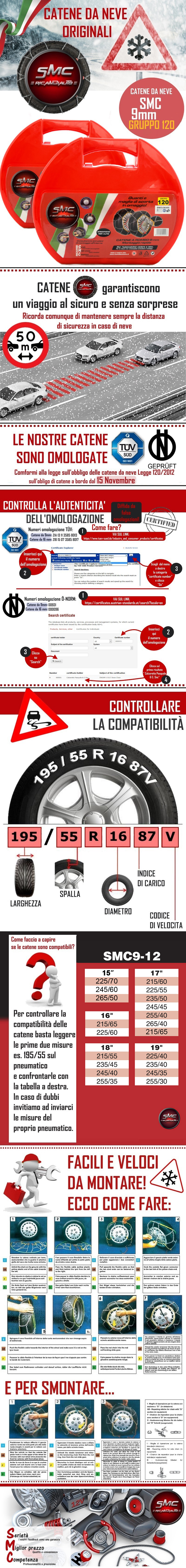 CATENE DA NEVE OMOLOGATE SMC 9mm 215 50 R 17 Ö-Norm 5117 TÜV GR95 CON VALIGETTA