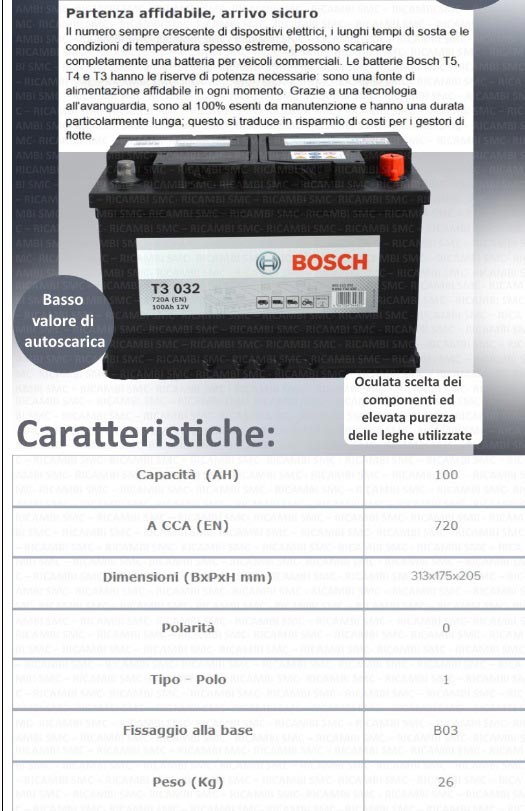 Batteria Avviamento Bosch 0092T30320 100Ah 720A - Ricambi auto SMC