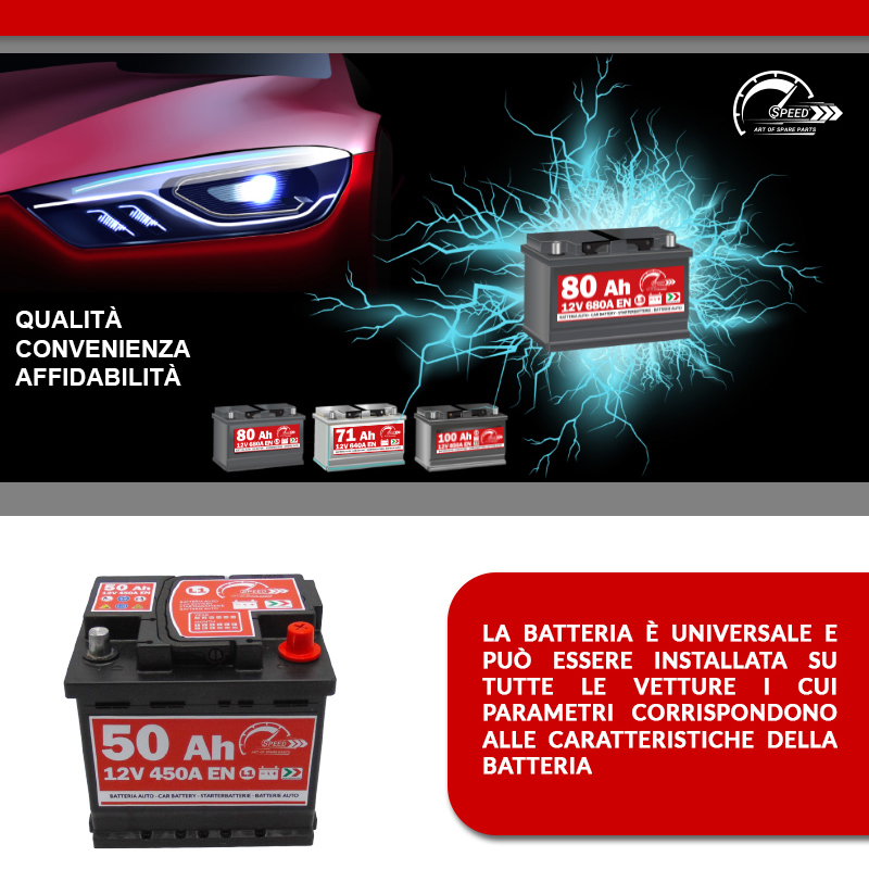 Batteria Auto 50AH 12V 450A polo positivo destro Casetta L1 : :  Auto e Moto