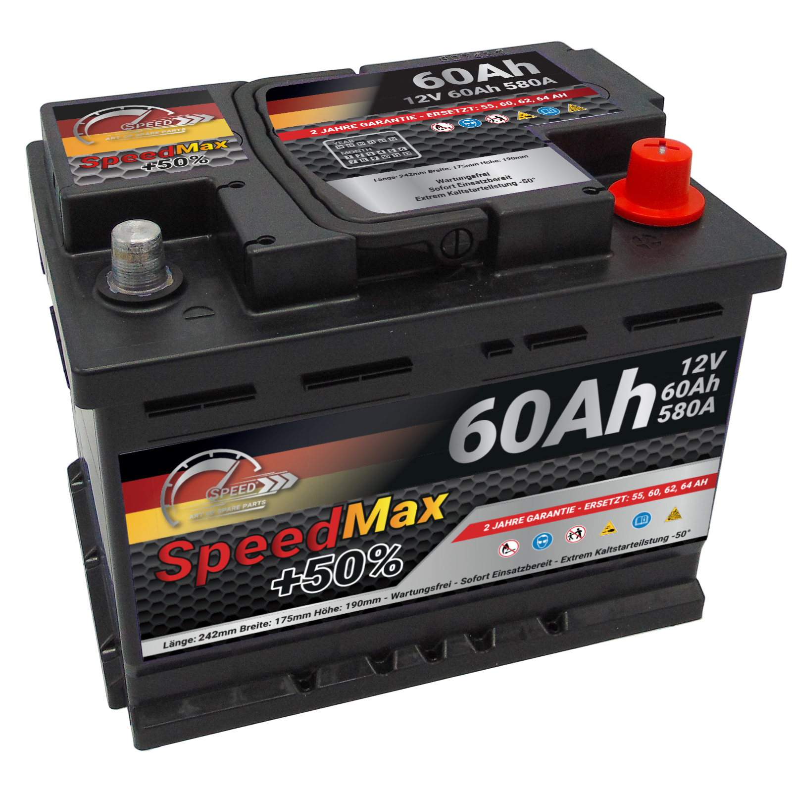 Batteria auto SPEED MAX 60Ah 580A 12V +50% - Ricambi auto SMC