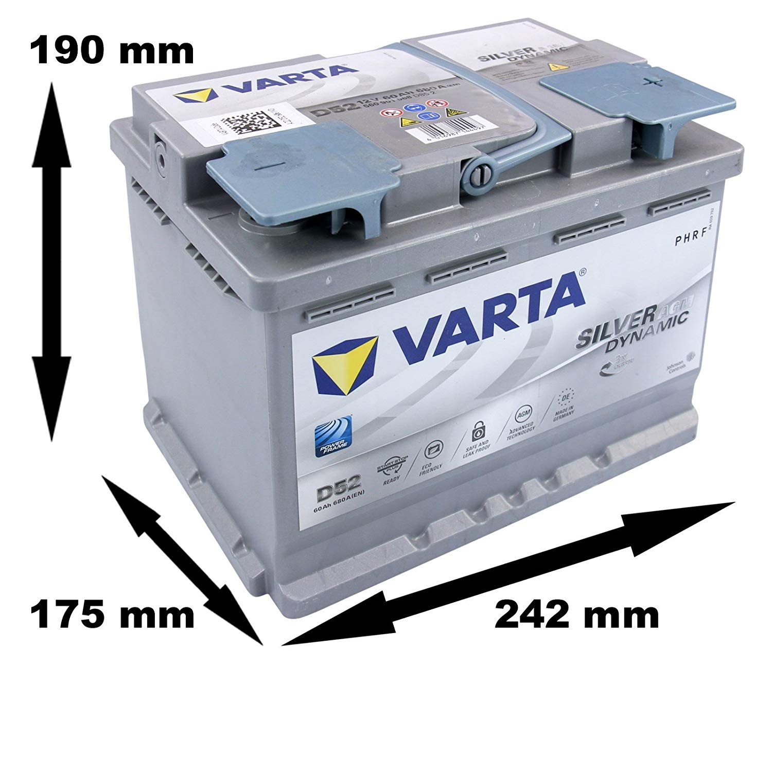 AUTOBATTERIE VARTA A8 (Ex D52) AGM 12V 60 AH 680A START STOP L2 560901068  J382 4016987144497