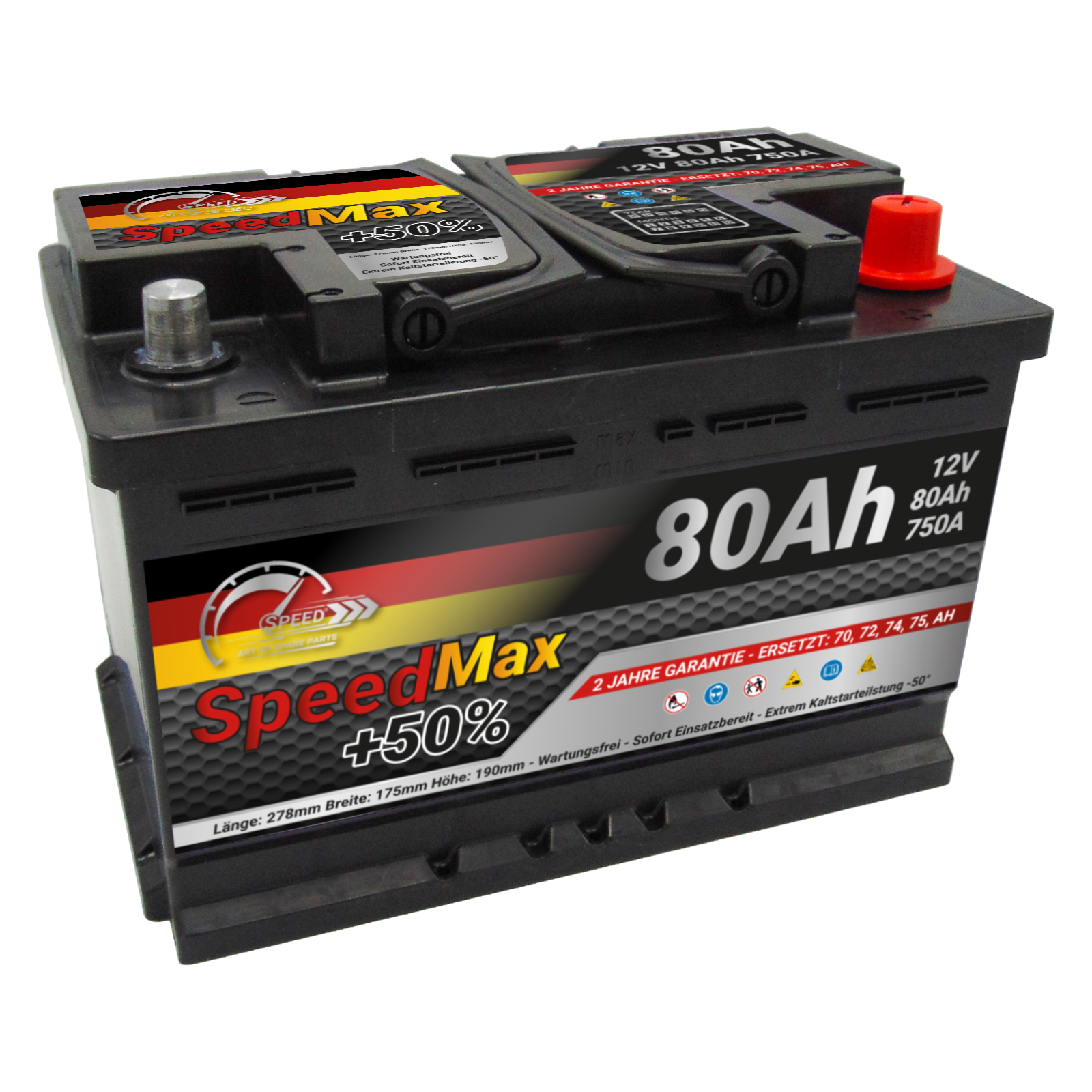 Autobatterie 80Ah 12V +50% Power 750A ersetzt 70Ah 72Ah 74Ah 75Ah 77Ah  Speed Max